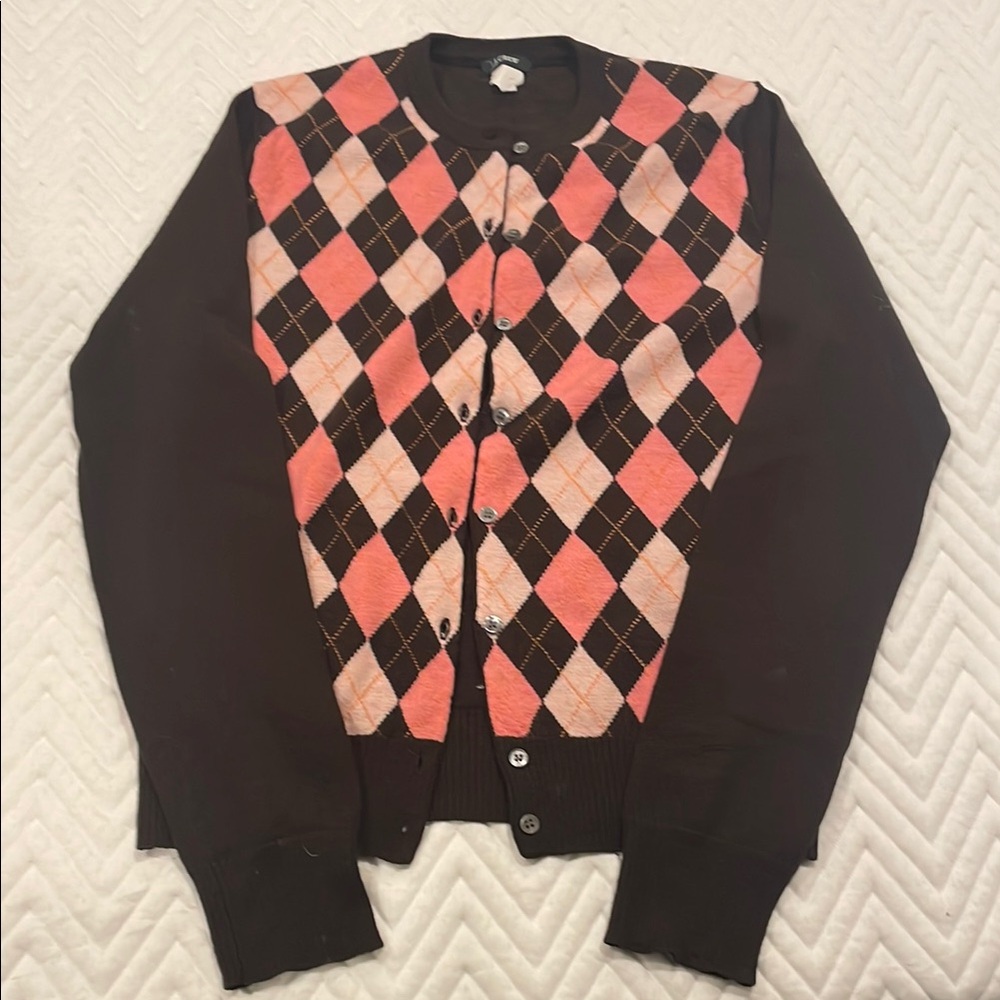 J. Crew Argyle Cardigan Sweater Brown and Pink size S 100% merino wool